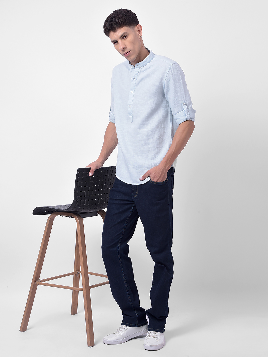 Numero Uno Men Blue Mandarin Collar Slim Fit Shirt